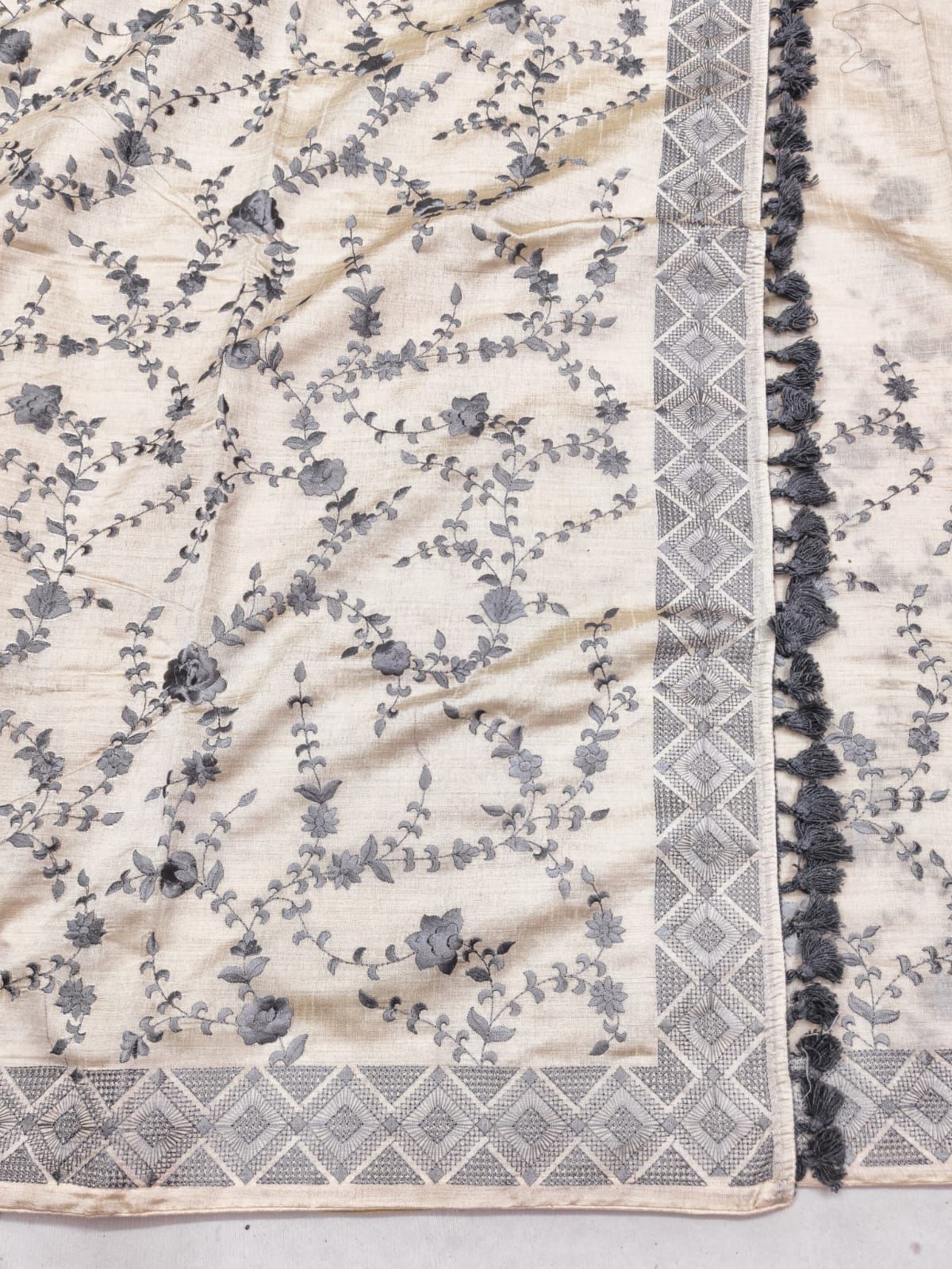 Profuse Beige Embroidery Work Tussar Silk Saree With Enchanting Blouse Piece