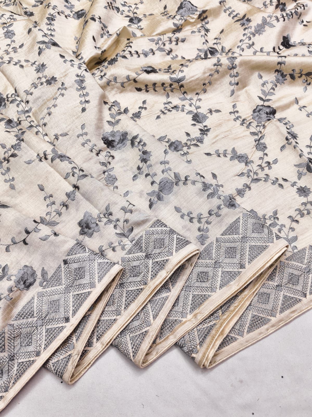 Profuse Beige Embroidery Work Tussar Silk Saree With Enchanting Blouse Piece