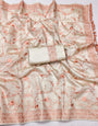 Demure Beige Embroidery Work Tussar Silk Saree With Dulcet Blouse Piece