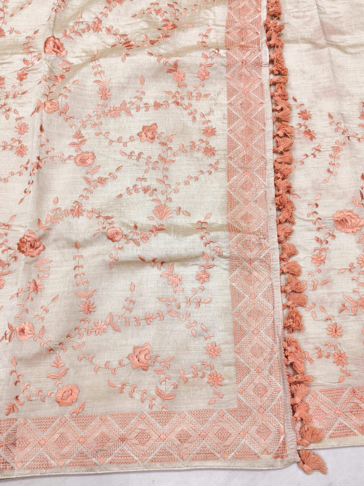Demure Beige Embroidery Work Tussar Silk Saree With Dulcet Blouse Piece