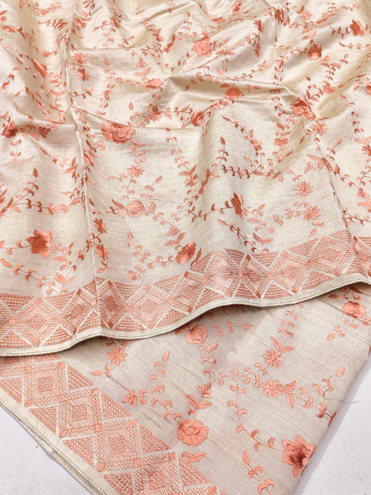 Demure Beige Embroidery Work Tussar Silk Saree With Dulcet Blouse Piece