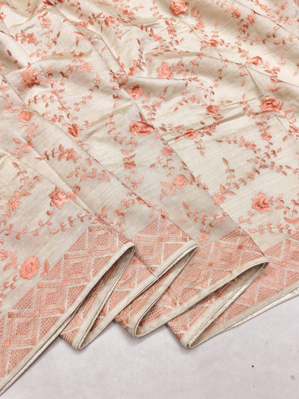 Demure Beige Embroidery Work Tussar Silk Saree With Dulcet Blouse Piece