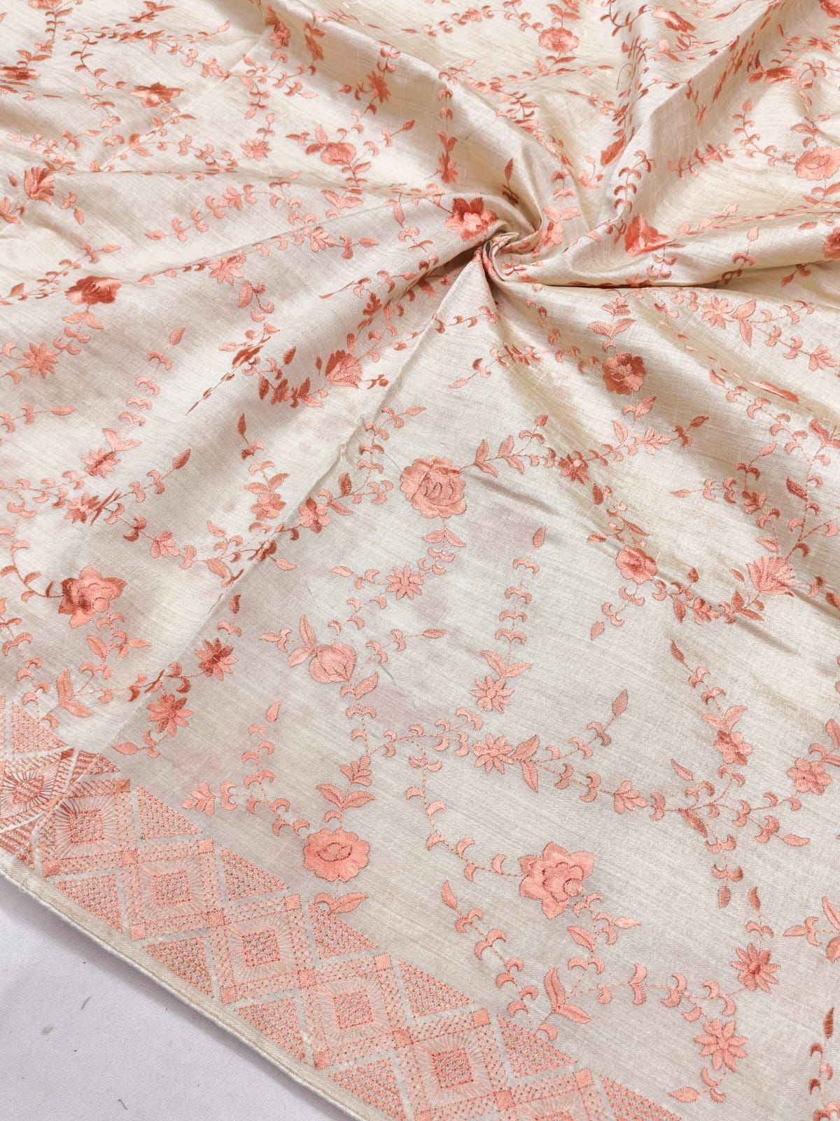 Demure Beige Embroidery Work Tussar Silk Saree With Dulcet Blouse Piece