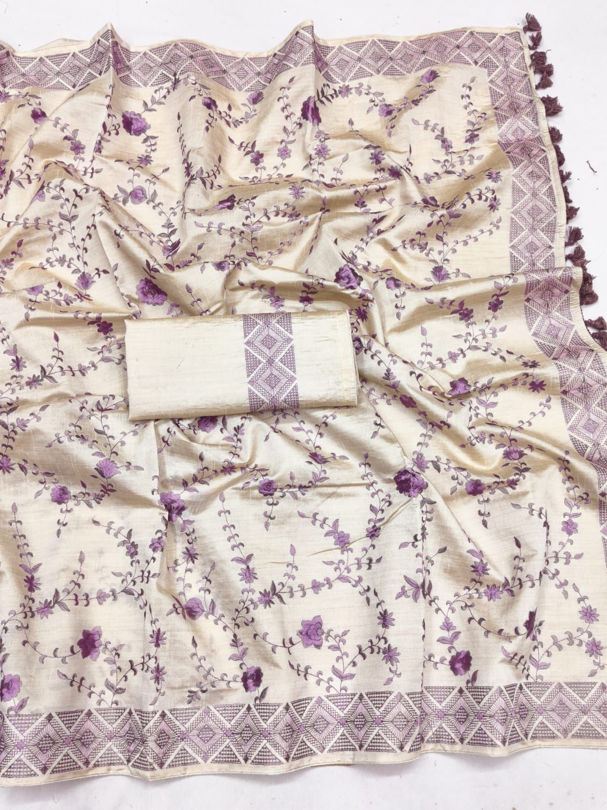 Groovy Beige Embroidery Work Tussar Silk Saree With Alluring Blouse Piece
