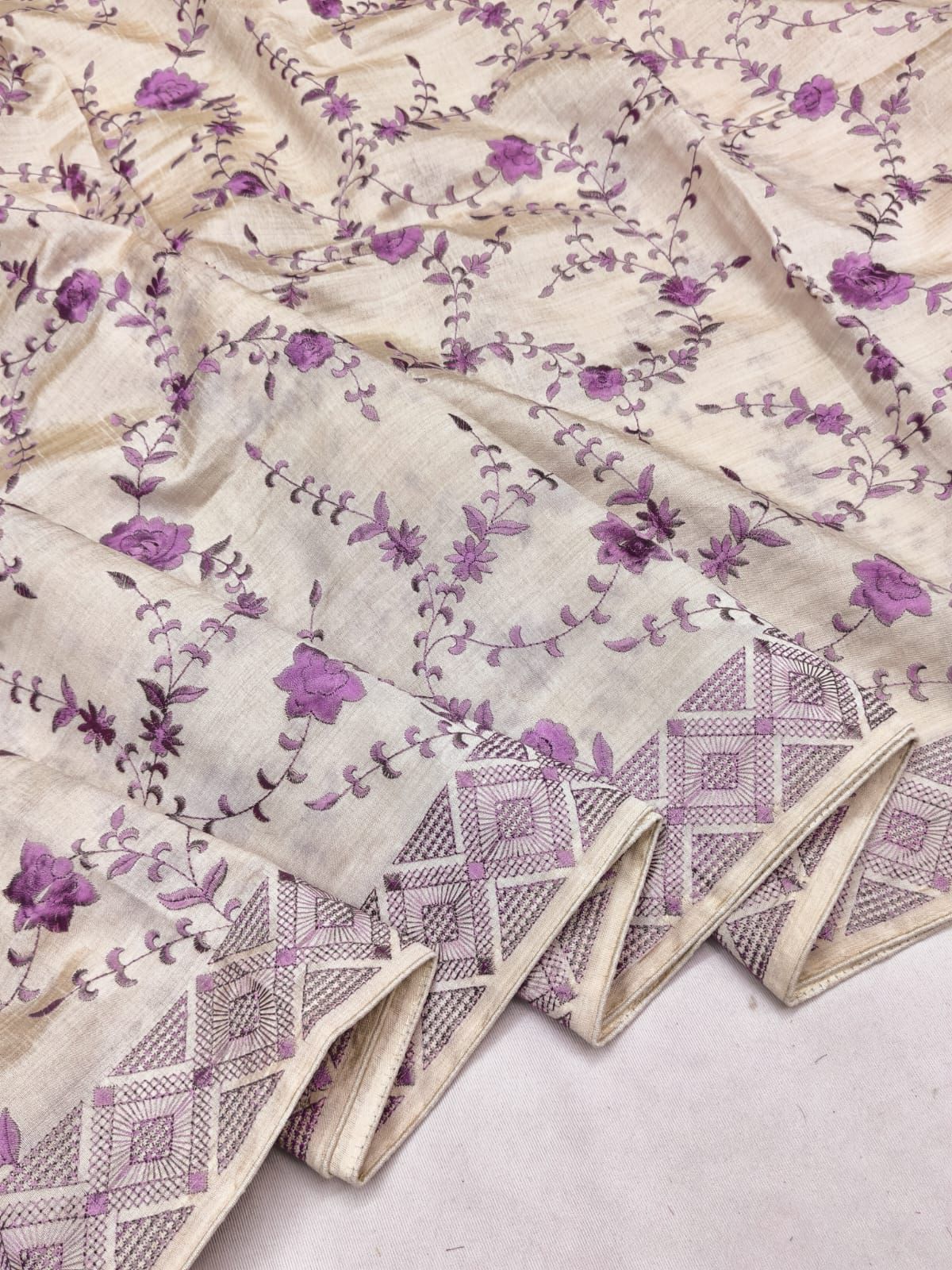 Groovy Beige Embroidery Work Tussar Silk Saree With Alluring Blouse Piece
