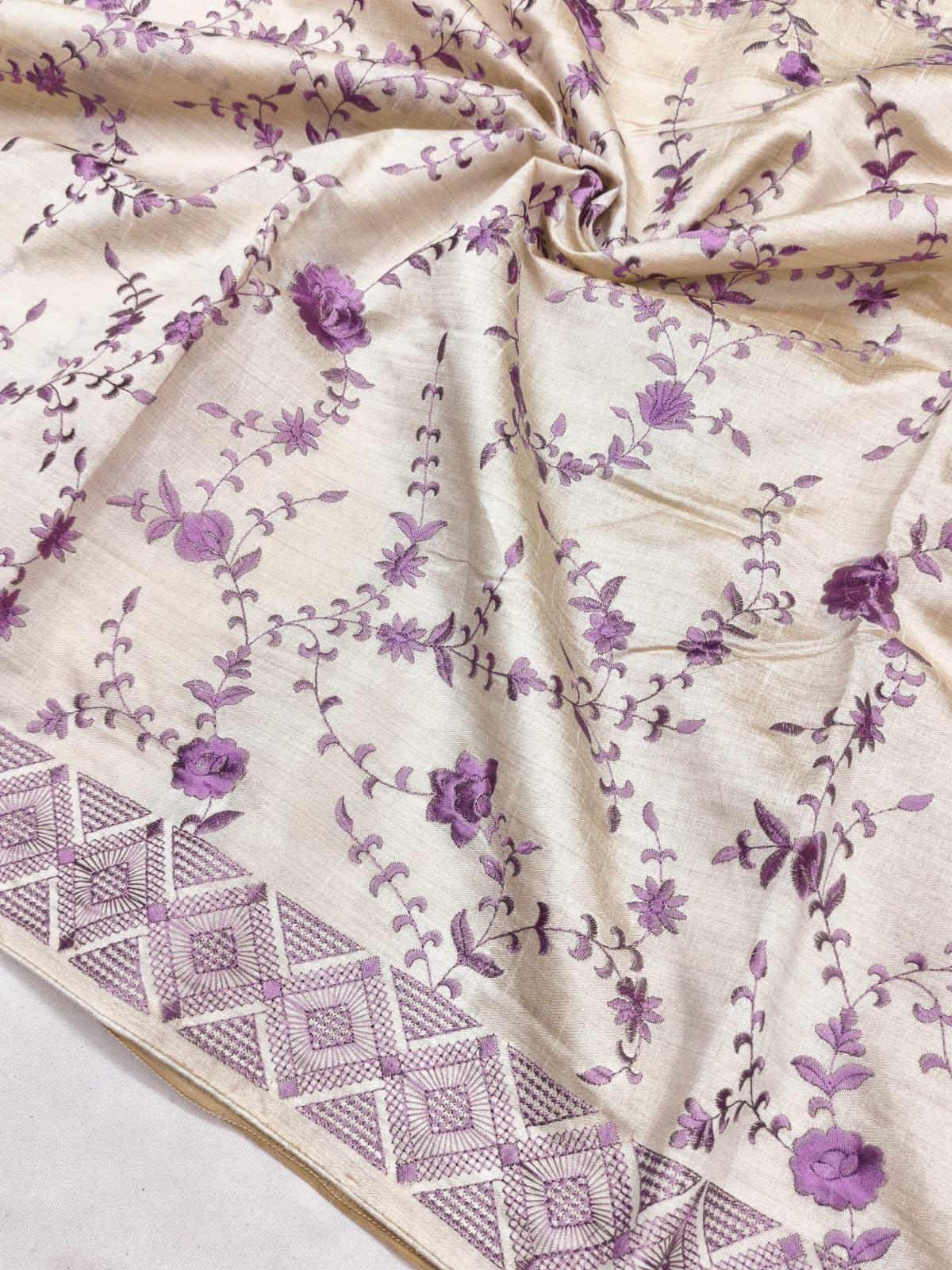 Groovy Beige Embroidery Work Tussar Silk Saree With Alluring Blouse Piece