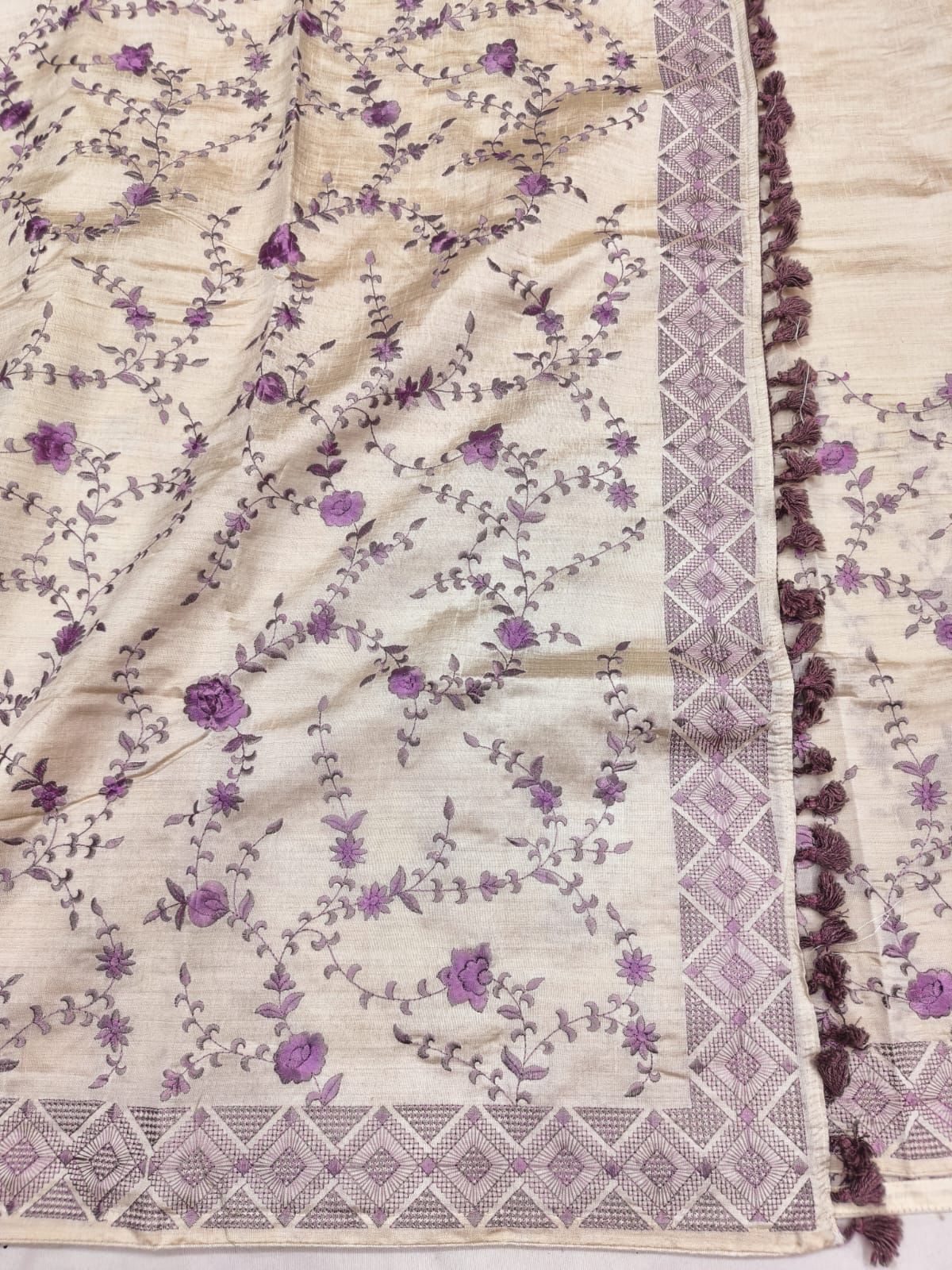 Groovy Beige Embroidery Work Tussar Silk Saree With Alluring Blouse Piece