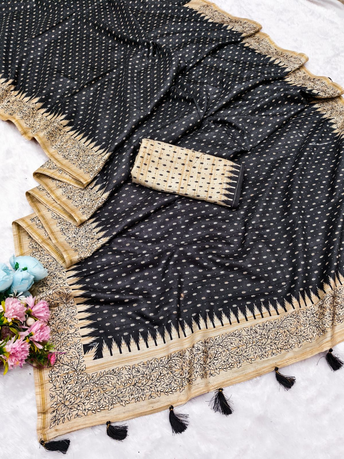 Skinny Black Embroidery Work Tussar Silk Saree With Vibrant Blouse Piece