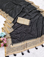 Skinny Black Embroidery Work Tussar Silk Saree With Vibrant Blouse Piece