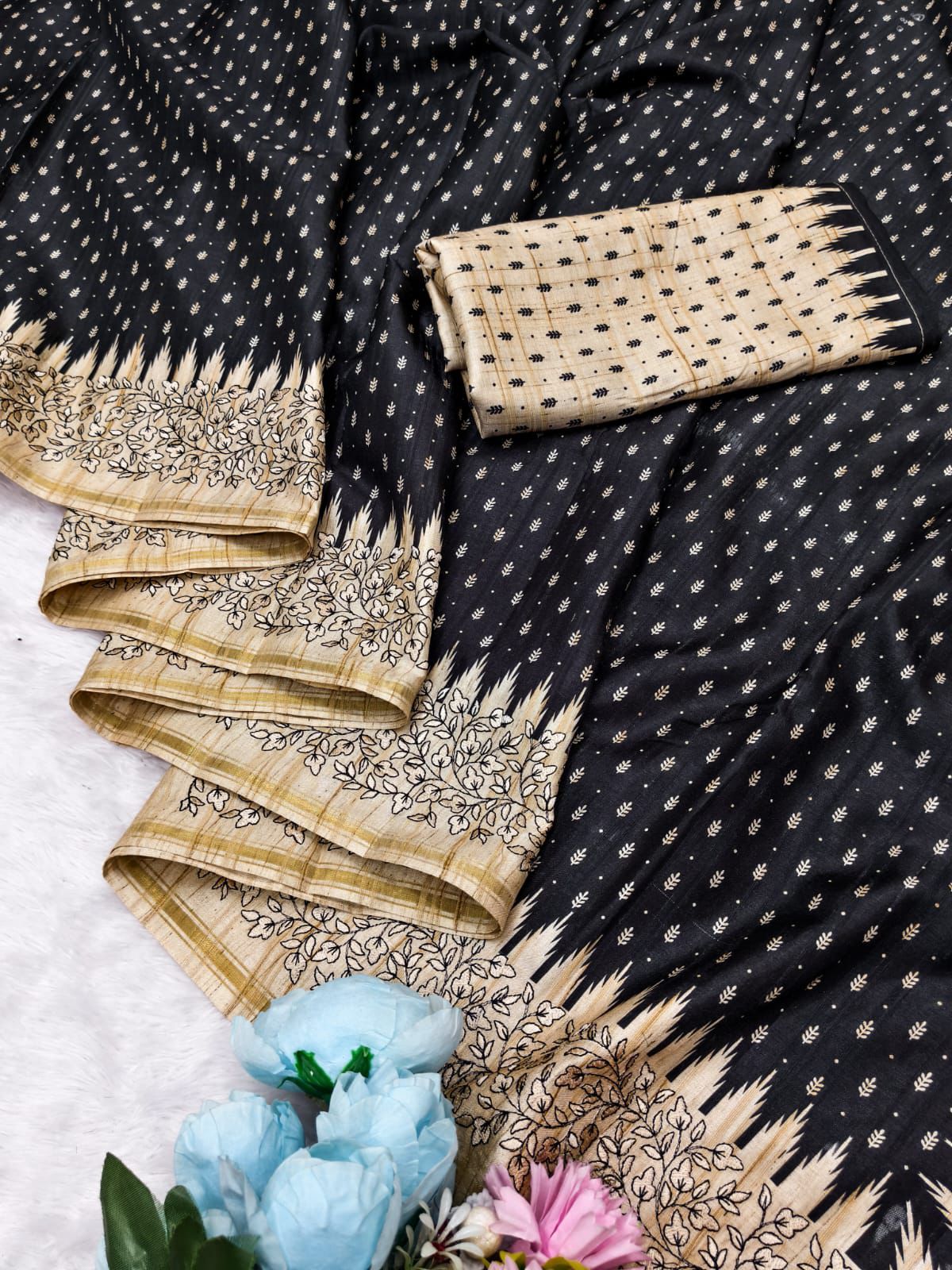 Skinny Black Embroidery Work Tussar Silk Saree With Vibrant Blouse Piece