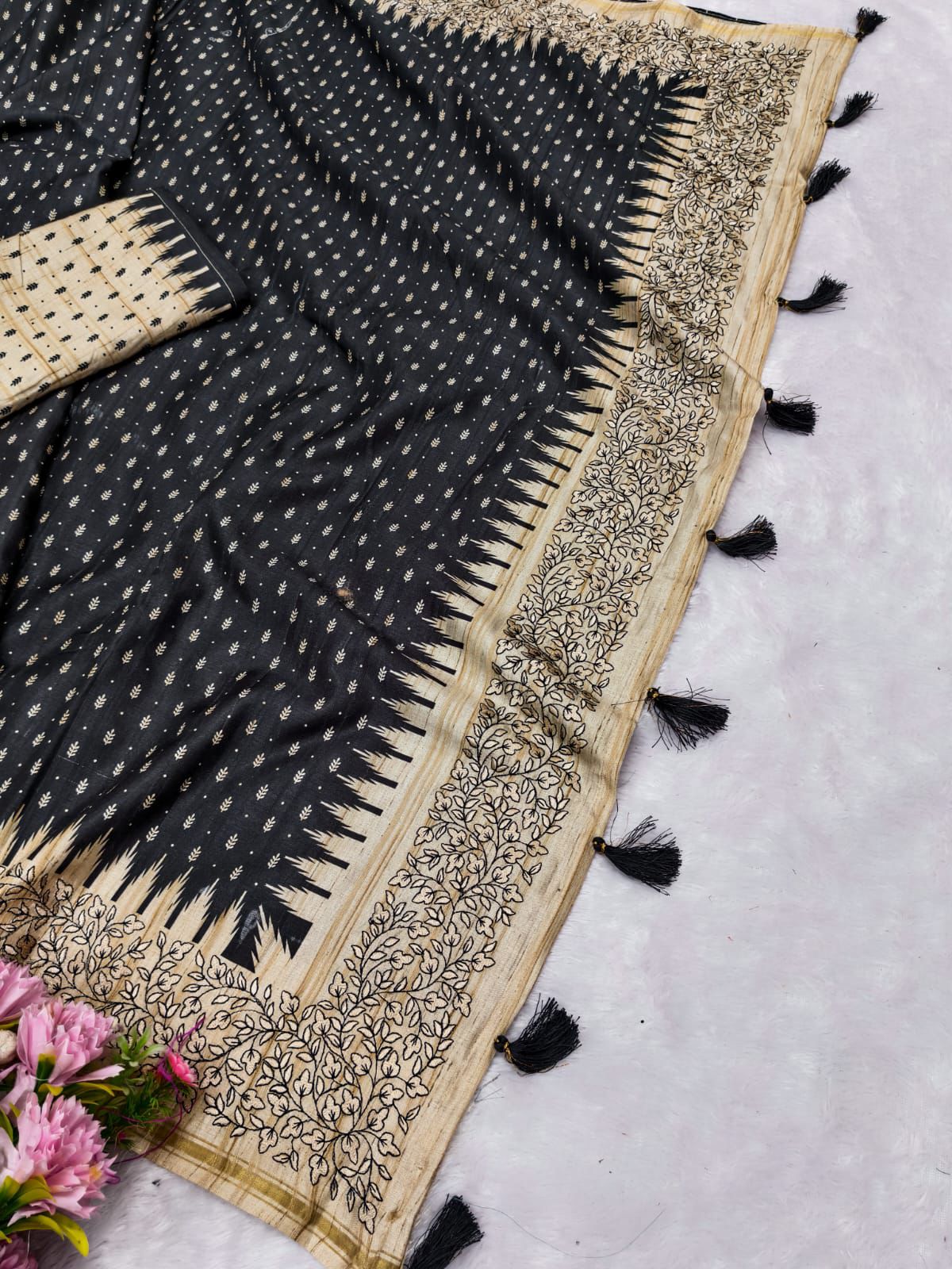 Skinny Black Embroidery Work Tussar Silk Saree With Vibrant Blouse Piece