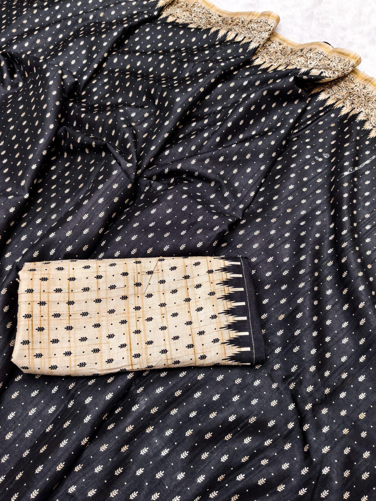 Skinny Black Embroidery Work Tussar Silk Saree With Vibrant Blouse Piece