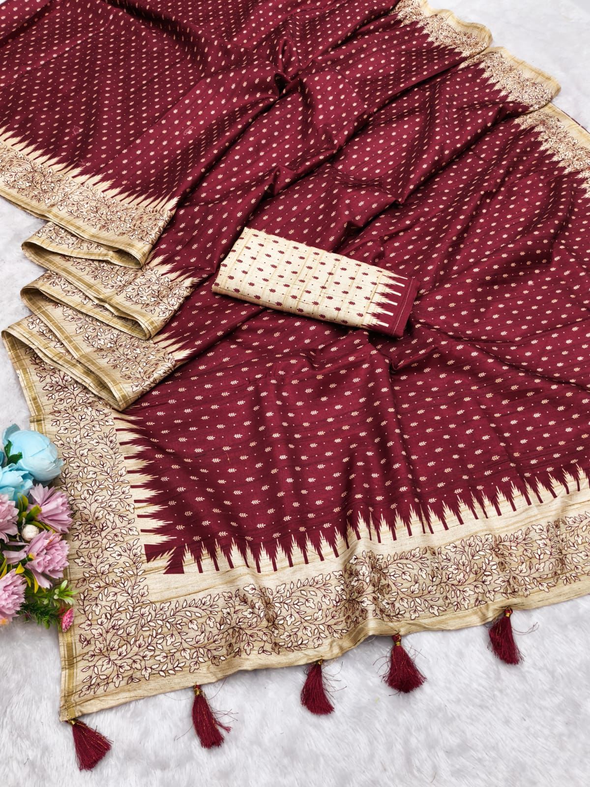 Dazzling Maroon Embroidery Work Tussar Silk Saree With Splendiferous Blouse Piece