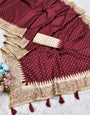 Dazzling Maroon Embroidery Work Tussar Silk Saree With Splendiferous Blouse Piece