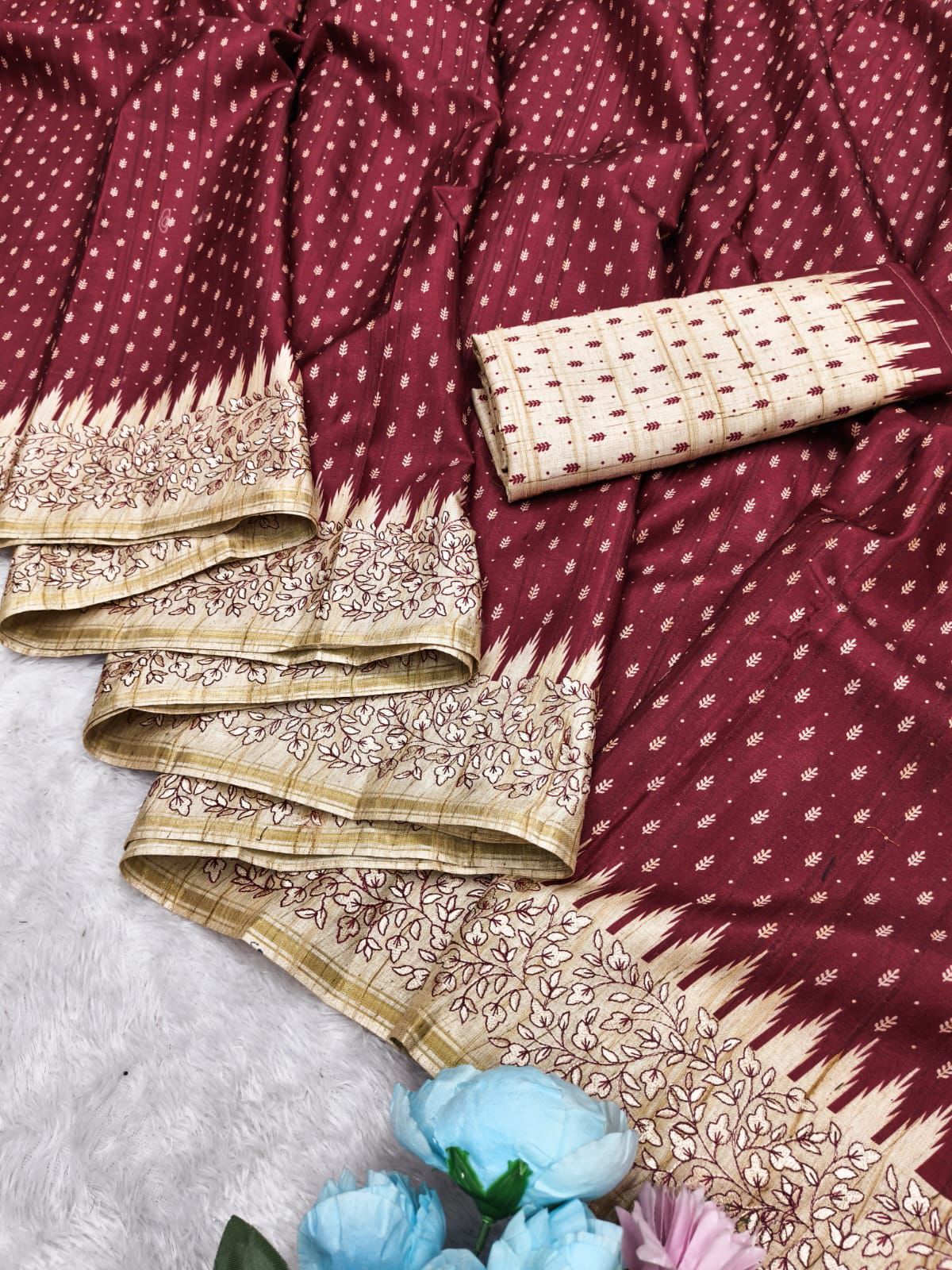 Dazzling Maroon Embroidery Work Tussar Silk Saree With Splendiferous Blouse Piece