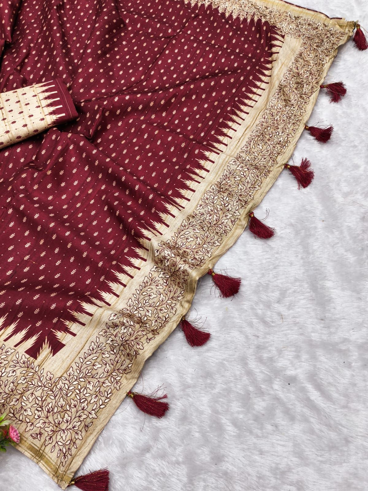 Dazzling Maroon Embroidery Work Tussar Silk Saree With Splendiferous Blouse Piece