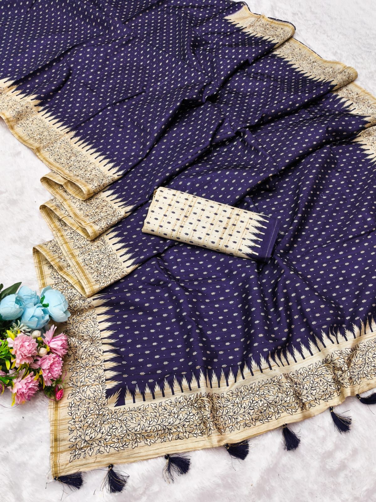 Bucolic Navy Blue Embroidery Work Tussar Silk Saree With Designer Blouse Piece