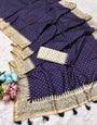 Bucolic Navy Blue Embroidery Work Tussar Silk Saree With Designer Blouse Piece