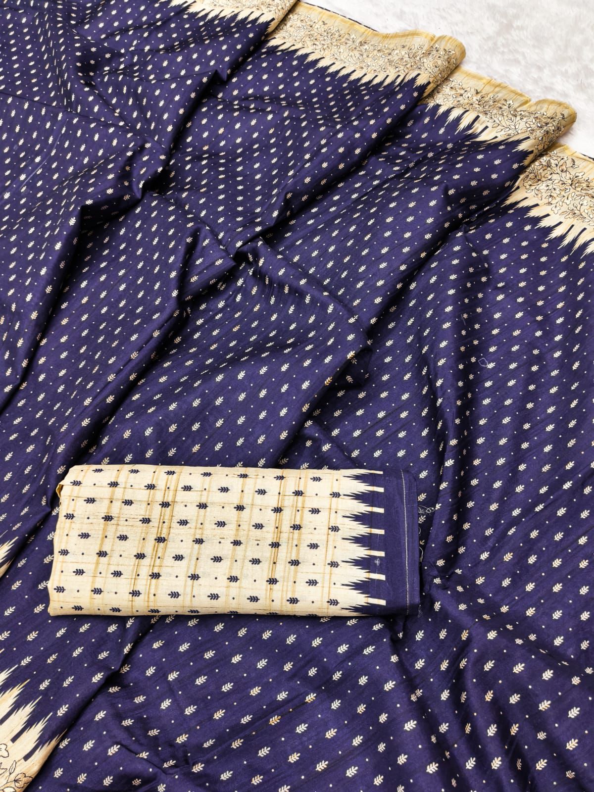 Bucolic Navy Blue Embroidery Work Tussar Silk Saree With Designer Blouse Piece