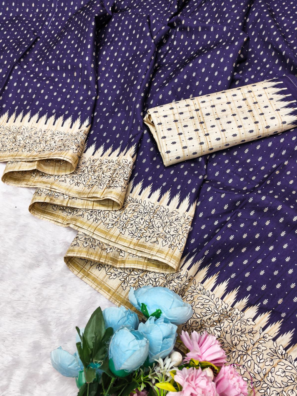 Bucolic Navy Blue Embroidery Work Tussar Silk Saree With Designer Blouse Piece