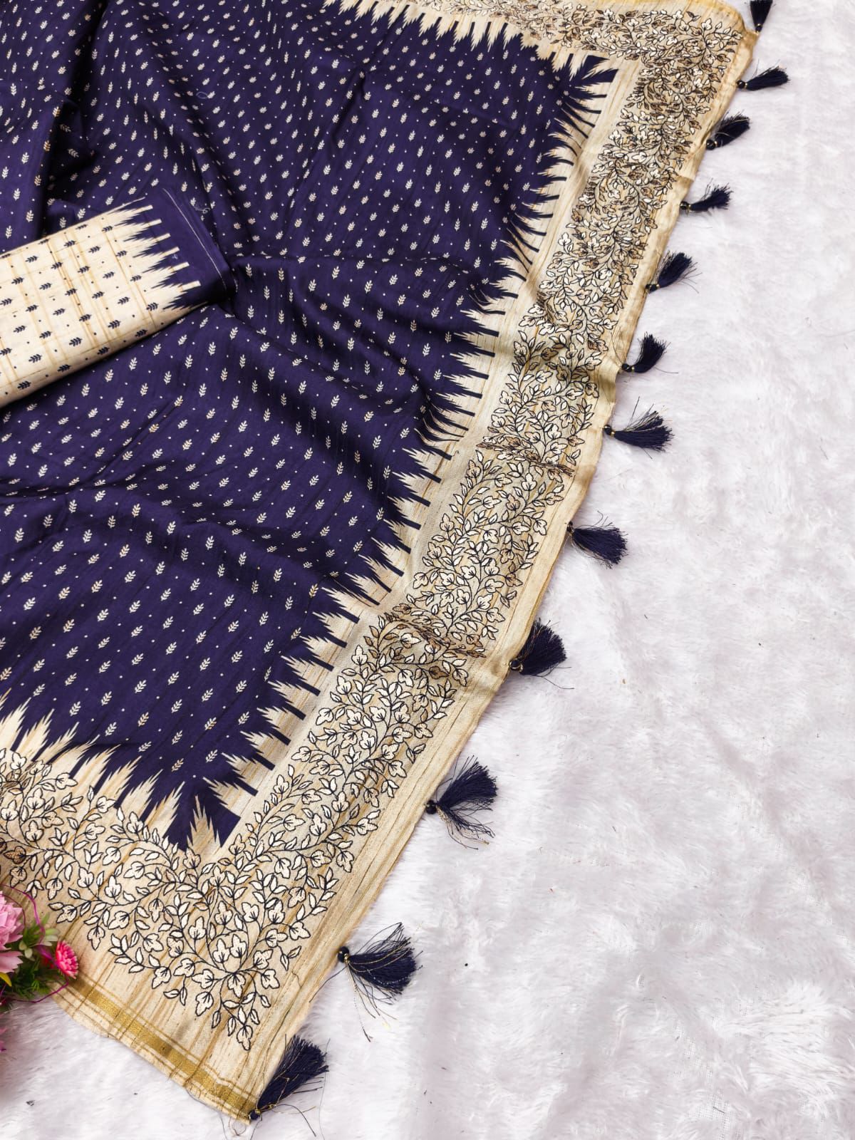 Bucolic Navy Blue Embroidery Work Tussar Silk Saree With Designer Blouse Piece