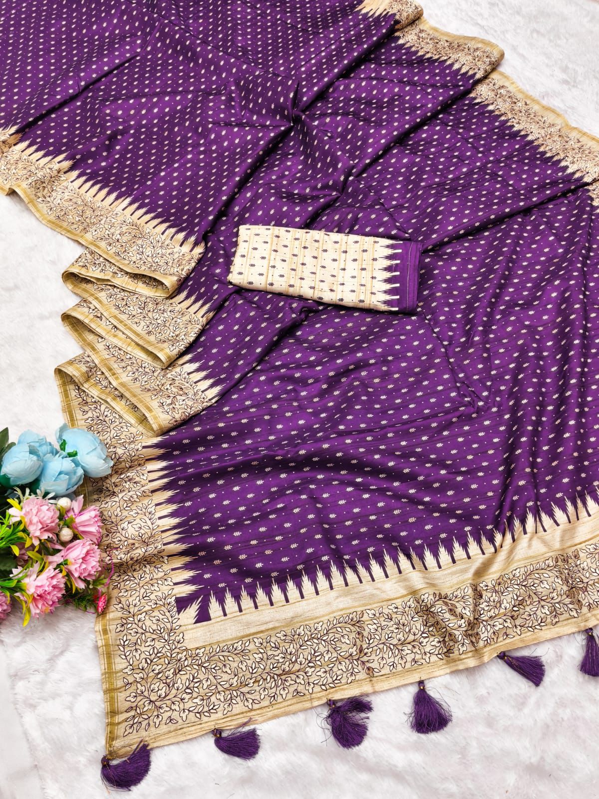 Amazing Purple Embroidery Work Tussar Silk Saree With Allure Blouse Piece