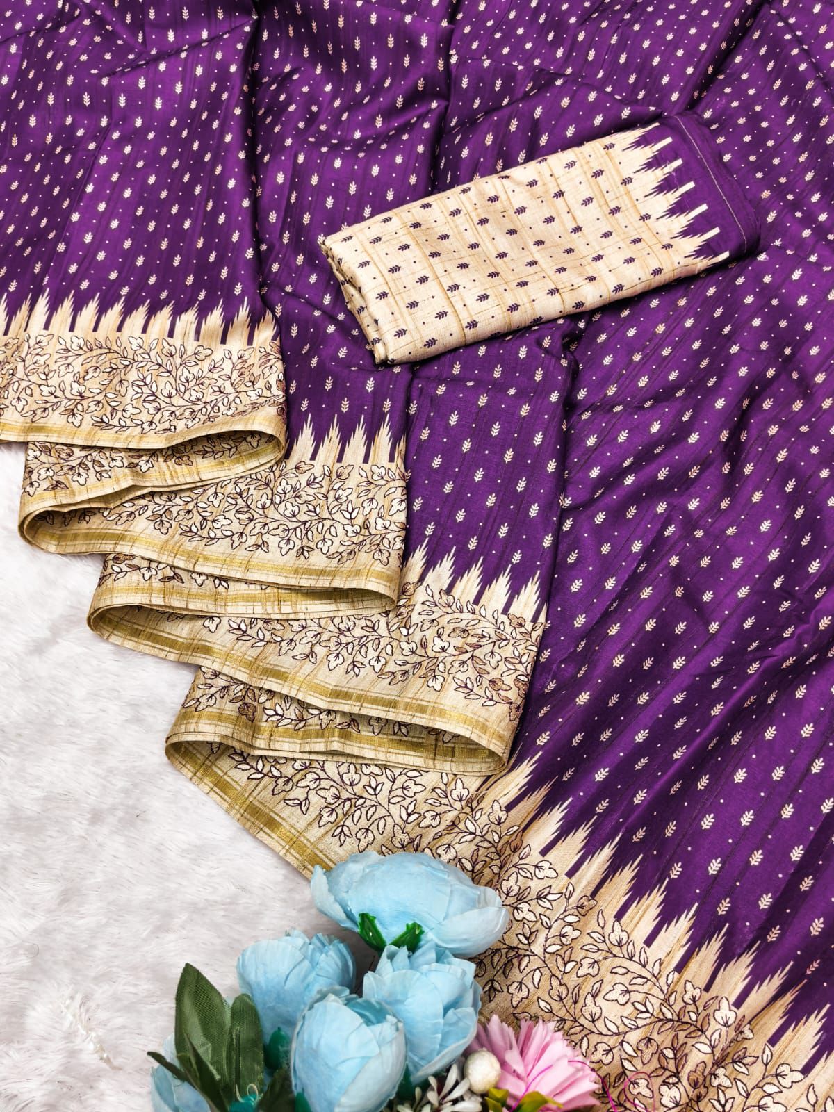 Amazing Purple Embroidery Work Tussar Silk Saree With Allure Blouse Piece
