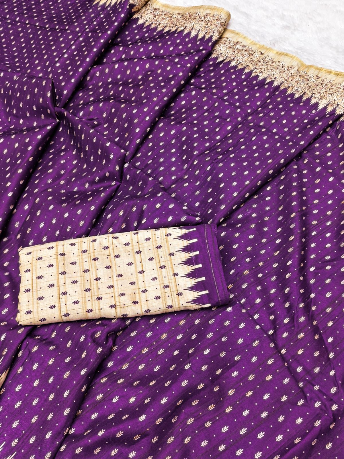 Amazing Purple Embroidery Work Tussar Silk Saree With Allure Blouse Piece