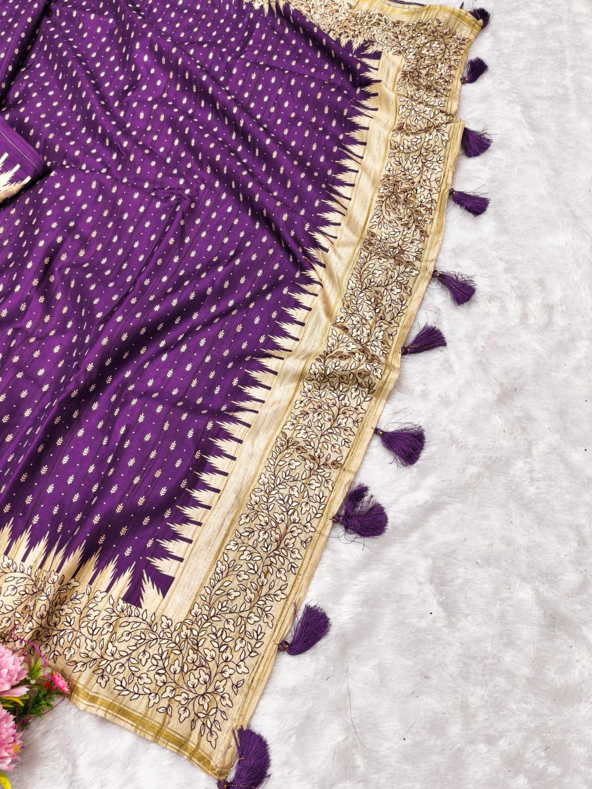 Amazing Purple Embroidery Work Tussar Silk Saree With Allure Blouse Piece