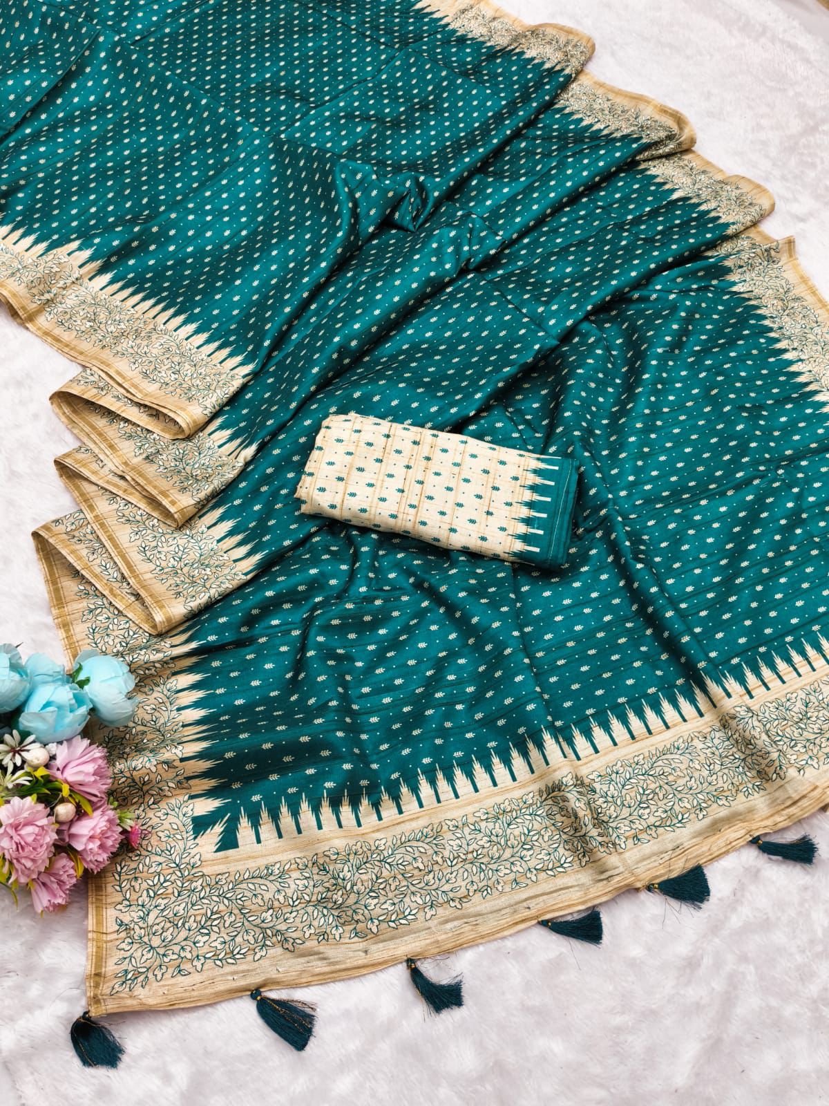 Sizzling Rama Embroidery Work Tussar Silk Saree With Felicitous Blouse Piece