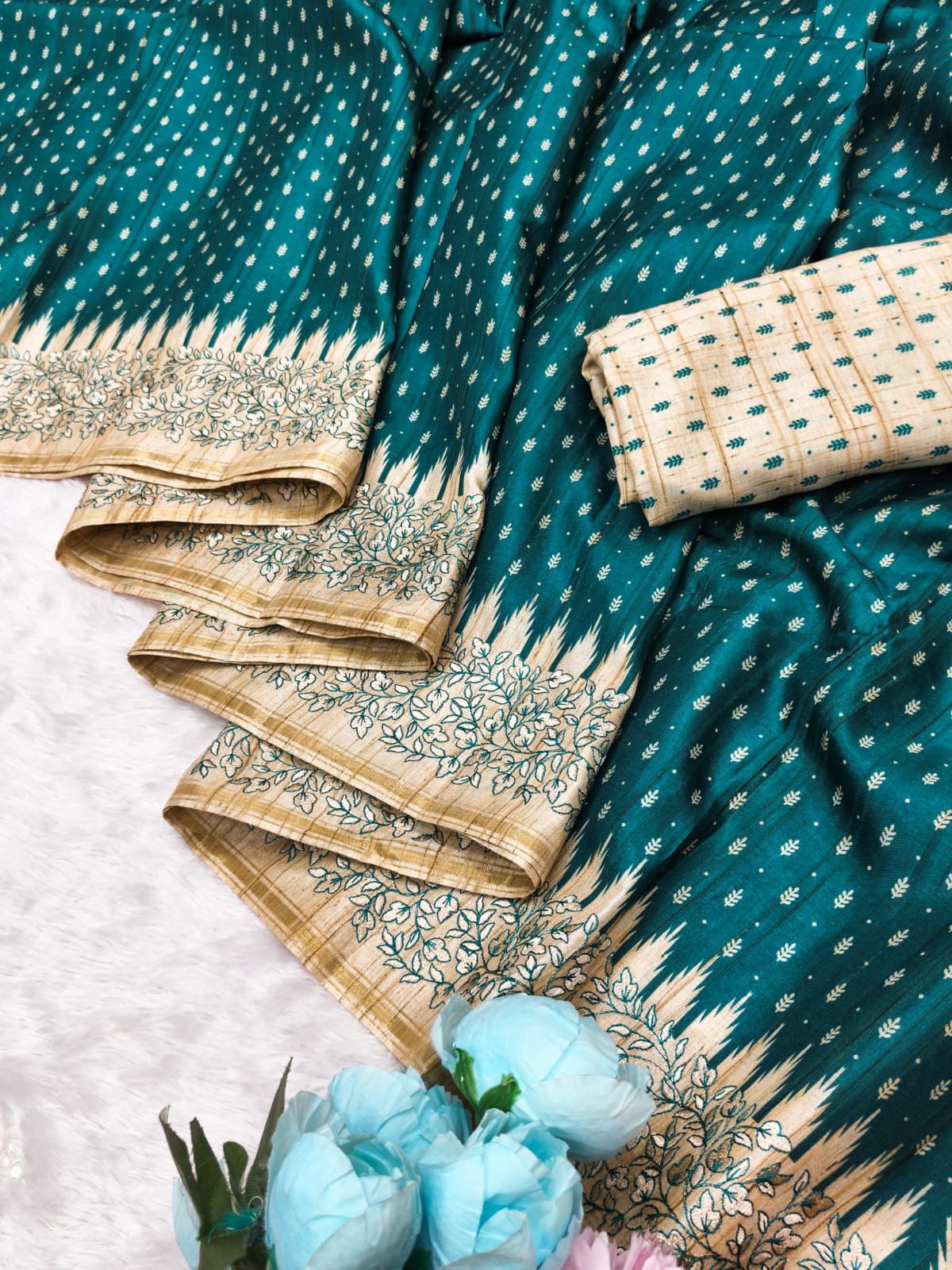 Sizzling Rama Embroidery Work Tussar Silk Saree With Felicitous Blouse Piece