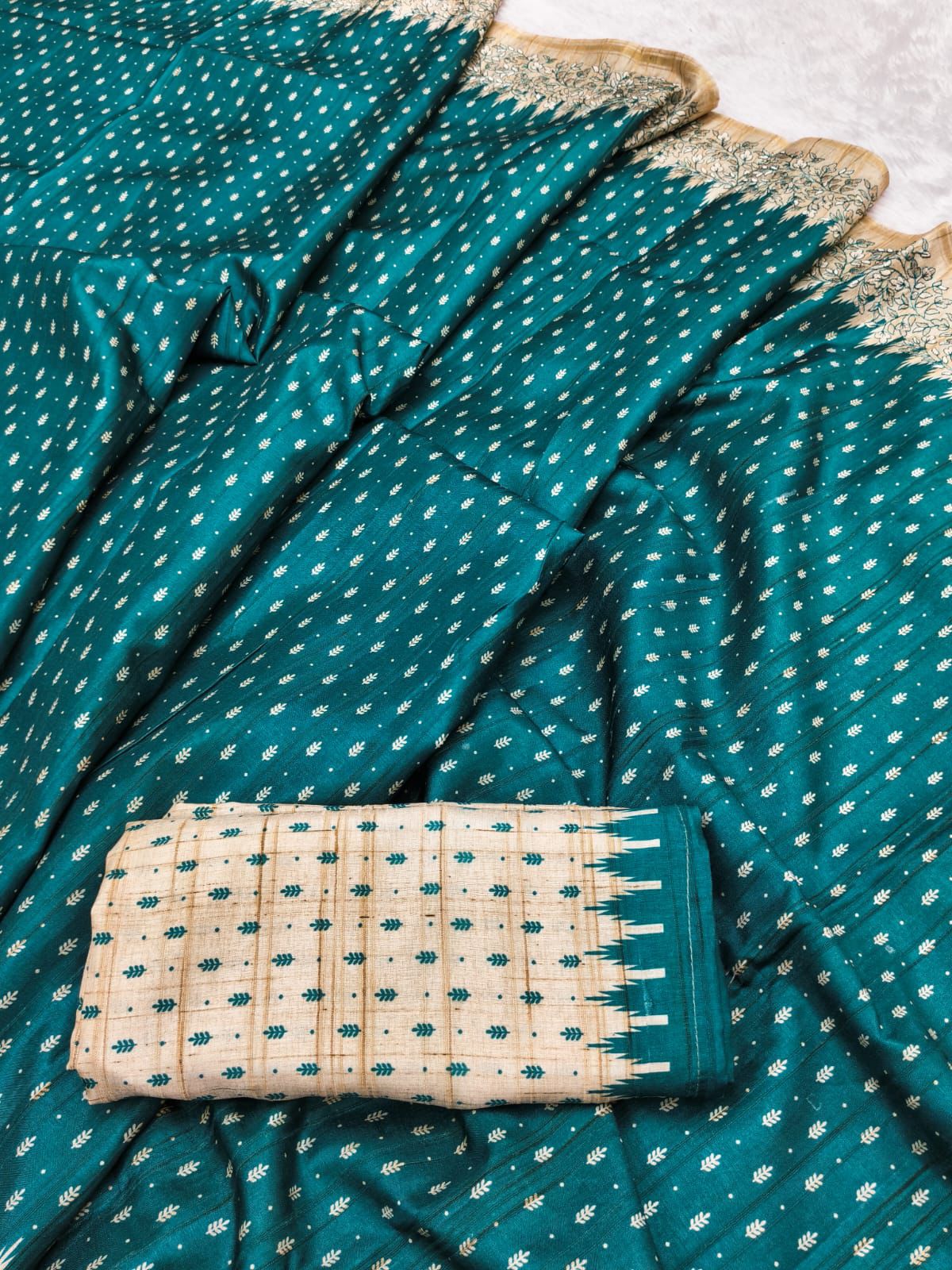 Sizzling Rama Embroidery Work Tussar Silk Saree With Felicitous Blouse Piece