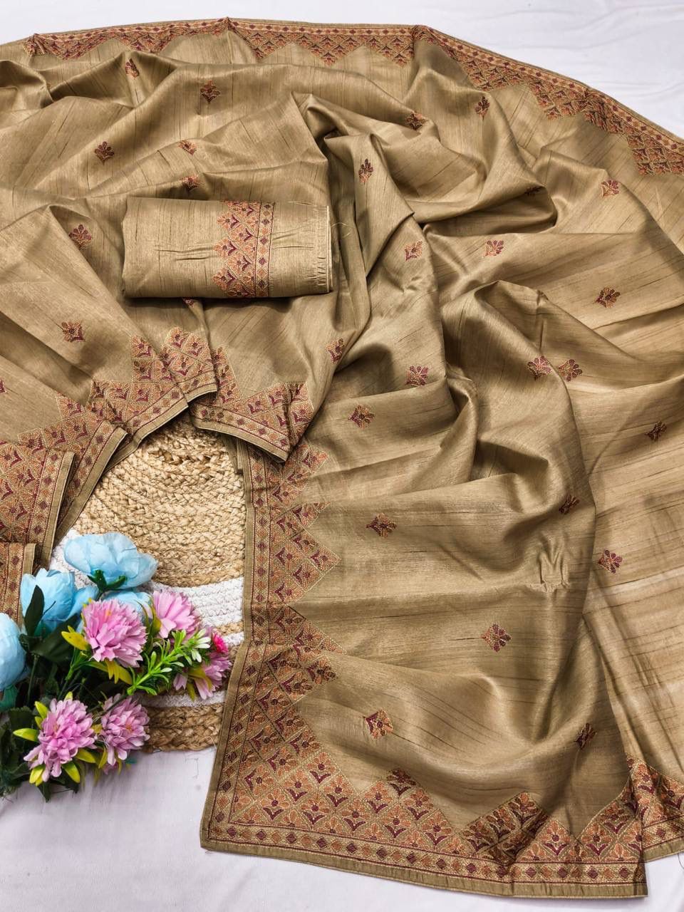 Desiring Beige Embroidery Work Tussar Silk Saree With Inspiring Blouse Piece