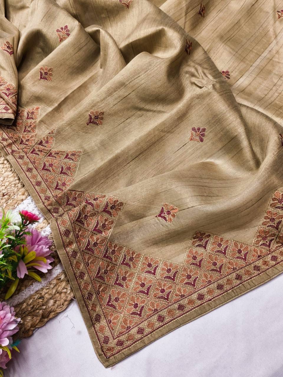 Desiring Beige Embroidery Work Tussar Silk Saree With Inspiring Blouse Piece
