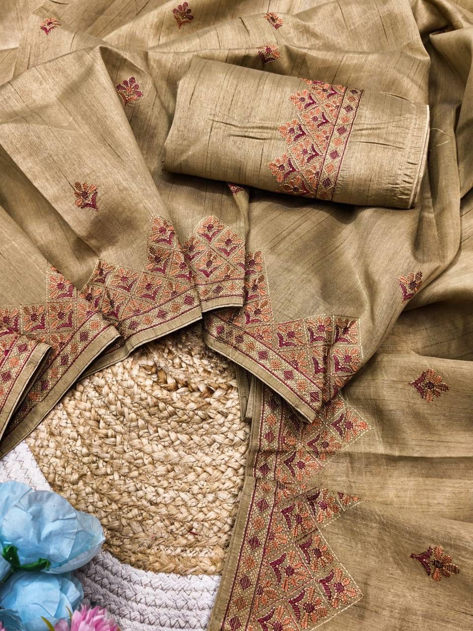 Desiring Beige Embroidery Work Tussar Silk Saree With Inspiring Blouse Piece