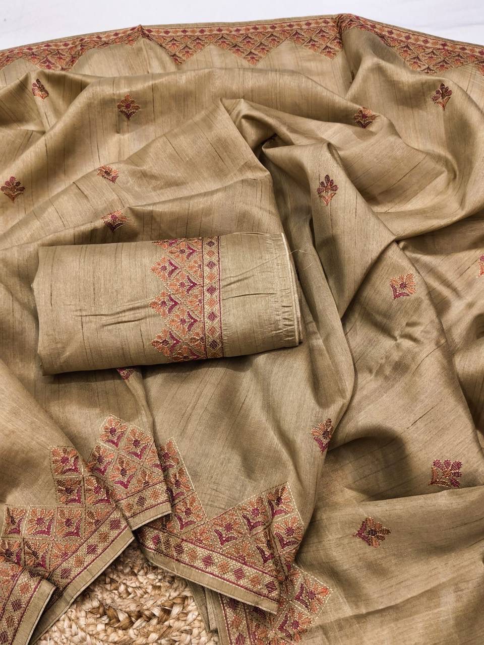 Desiring Beige Embroidery Work Tussar Silk Saree With Inspiring Blouse Piece