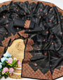 Opulent Black Embroidery Work Tussar Silk Saree With Symmetrical Blouse Piece