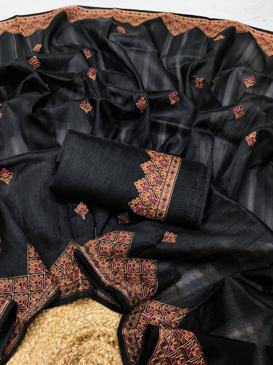 Opulent Black Embroidery Work Tussar Silk Saree With Symmetrical Blouse Piece