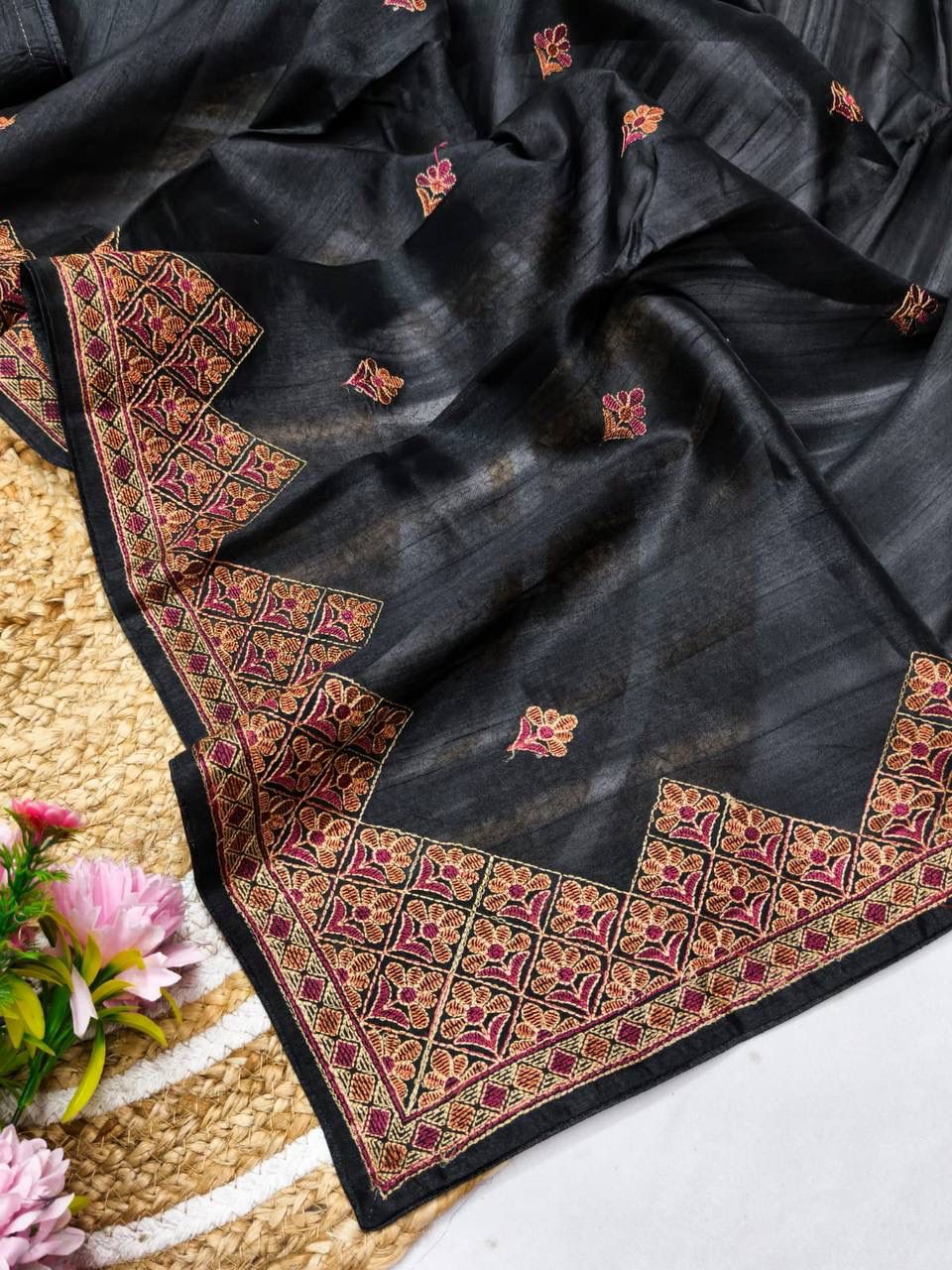 Opulent Black Embroidery Work Tussar Silk Saree With Symmetrical Blouse Piece