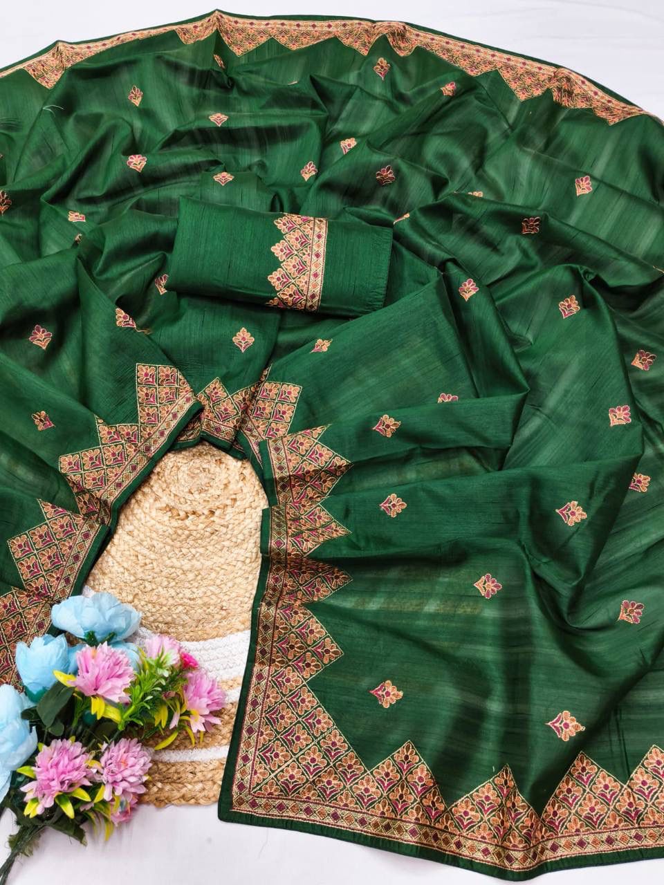 Demanding Dark Green Embroidery Work Tussar Silk Saree With Staggering Blouse Piece