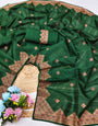Demanding Dark Green Embroidery Work Tussar Silk Saree With Staggering Blouse Piece