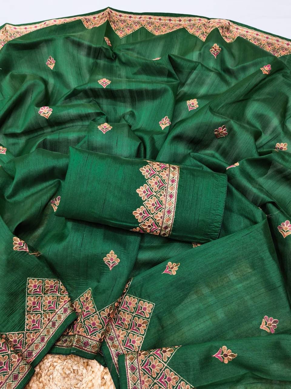 Demanding Dark Green Embroidery Work Tussar Silk Saree With Staggering Blouse Piece