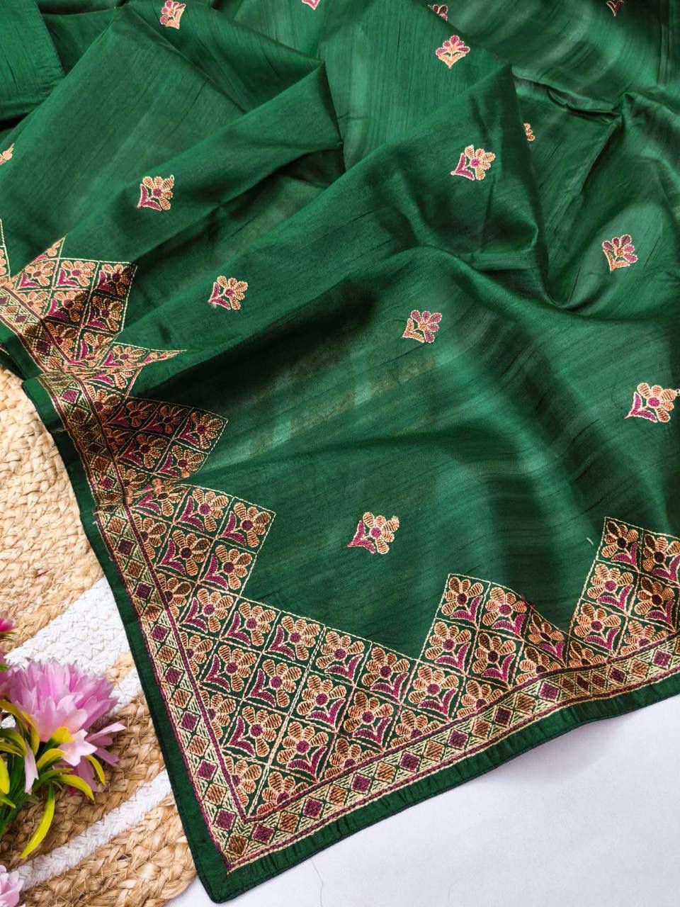 Demanding Dark Green Embroidery Work Tussar Silk Saree With Staggering Blouse Piece