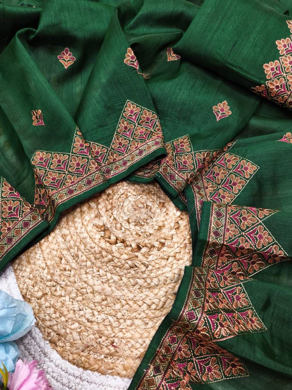 Demanding Dark Green Embroidery Work Tussar Silk Saree With Staggering Blouse Piece