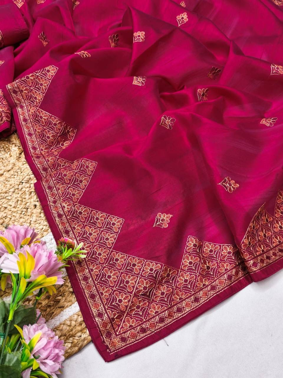 Glittering Dark Pink Embroidery Work Tussar Silk Saree With Glorious Blouse Piece