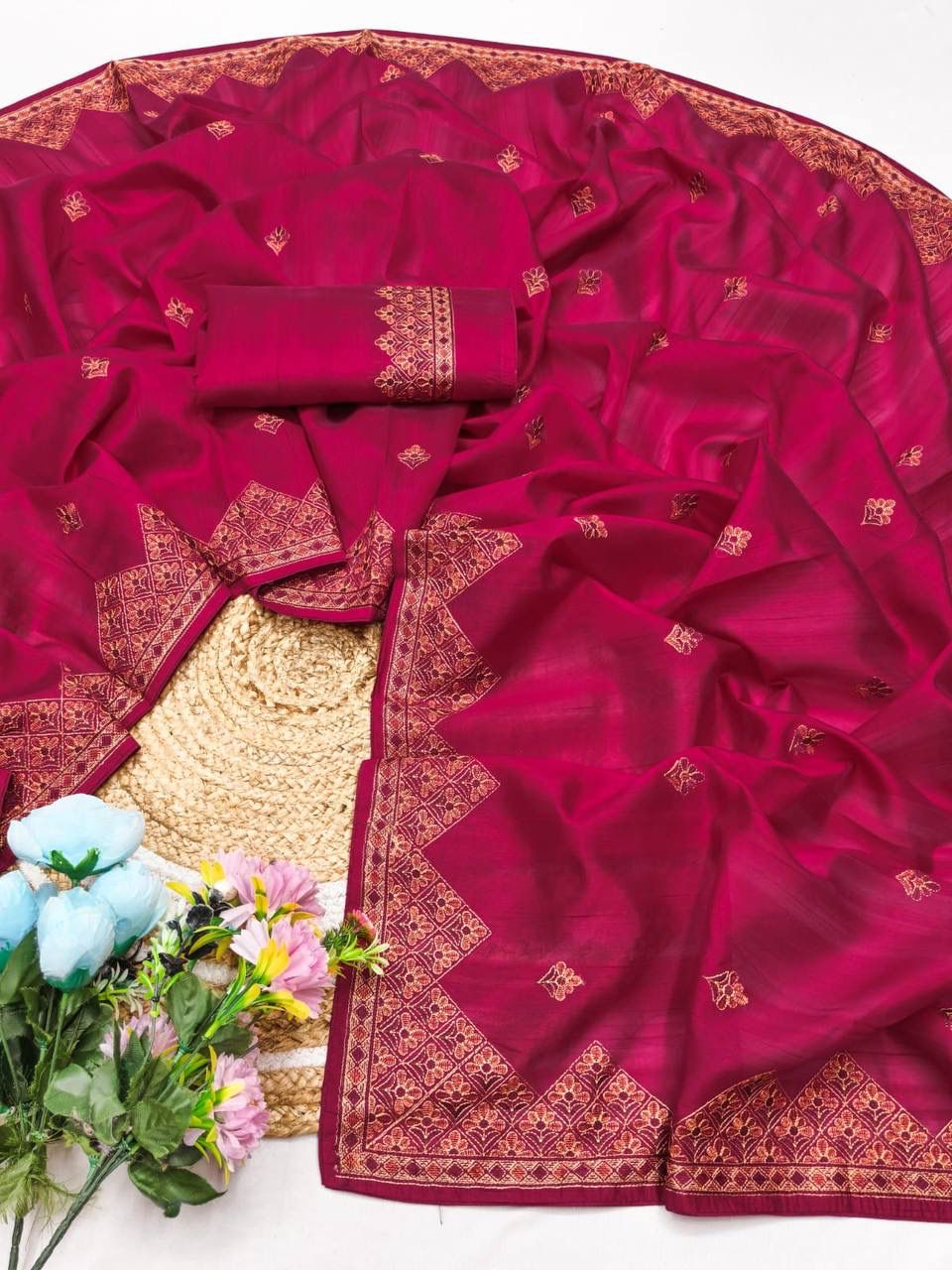 Glittering Dark Pink Embroidery Work Tussar Silk Saree With Glorious Blouse Piece
