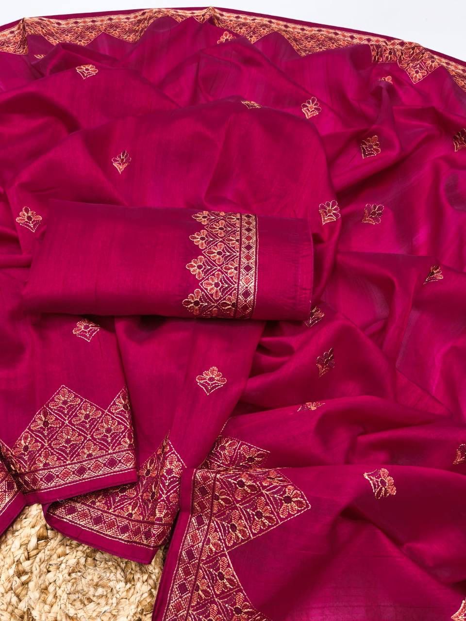 Glittering Dark Pink Embroidery Work Tussar Silk Saree With Glorious Blouse Piece