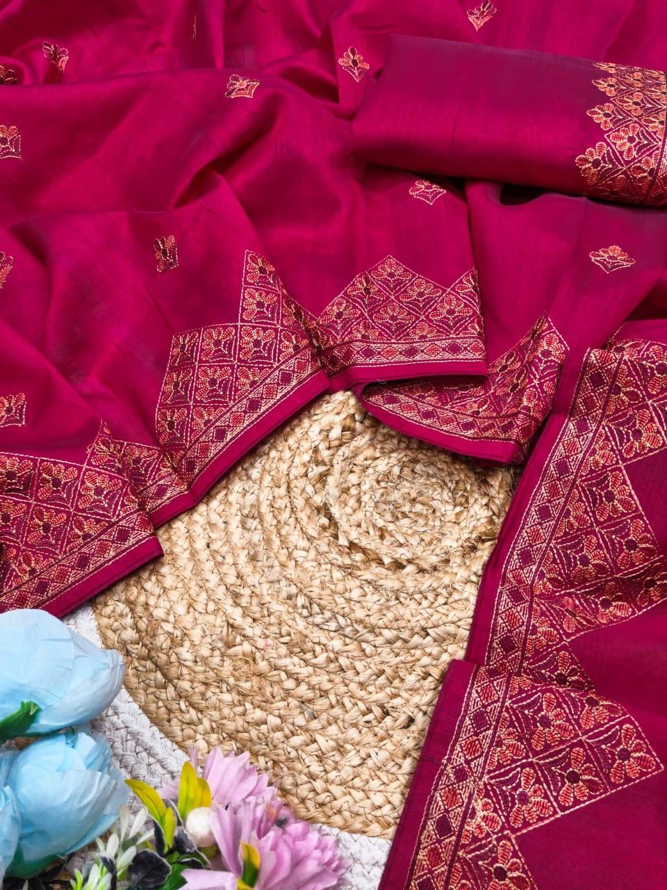Glittering Dark Pink Embroidery Work Tussar Silk Saree With Glorious Blouse Piece