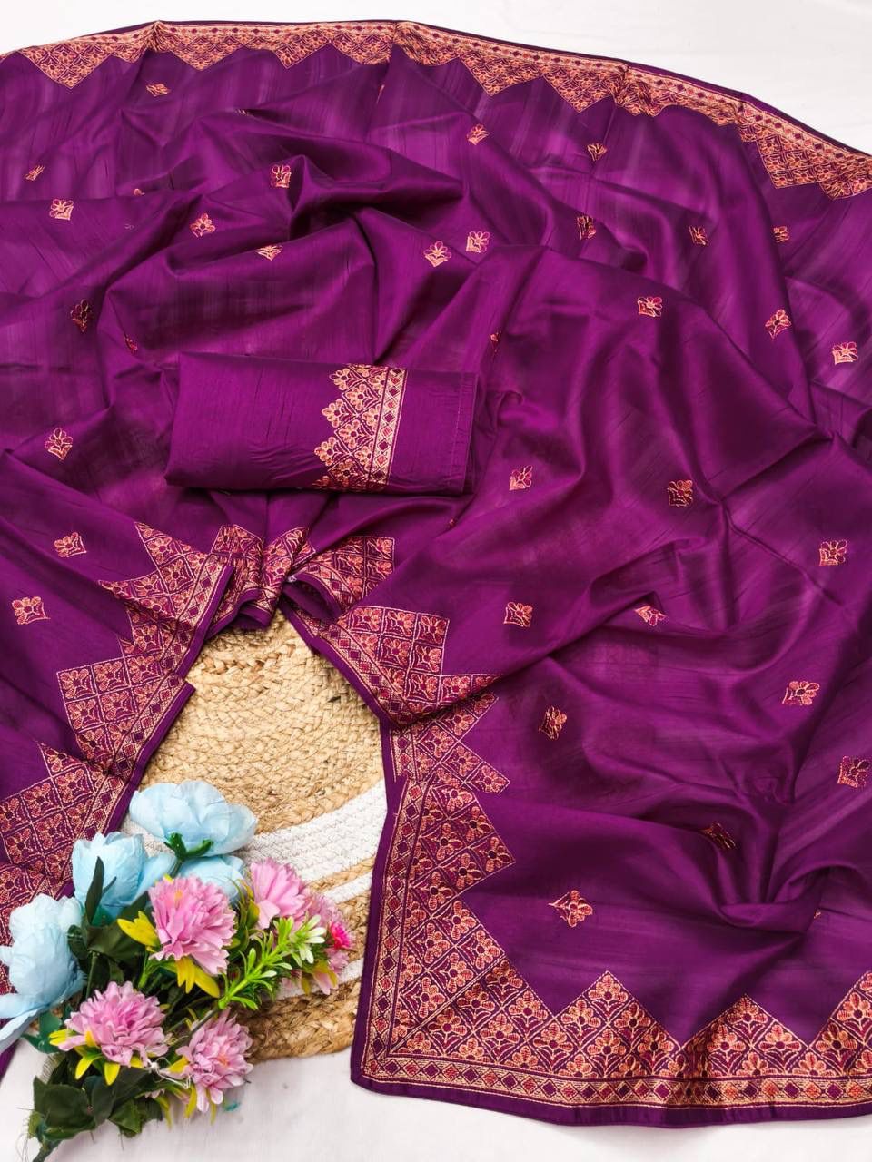 Chatoyant Purple Embroidery Work Tussar Silk Saree With Hypnotic Blouse Piece
