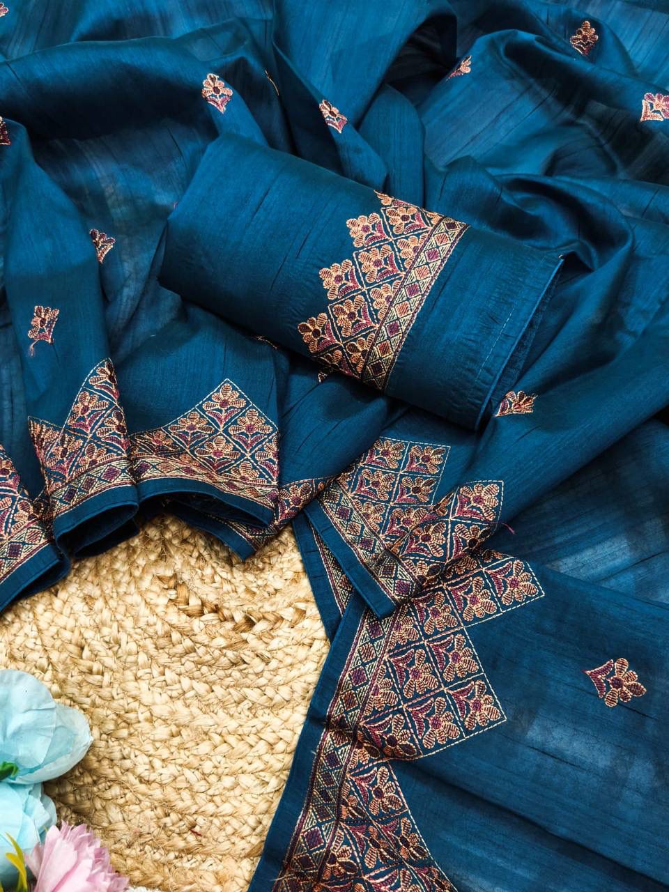 Panache Teal Blue Embroidery Work Tussar Silk Saree With Embrocation Blouse Piece